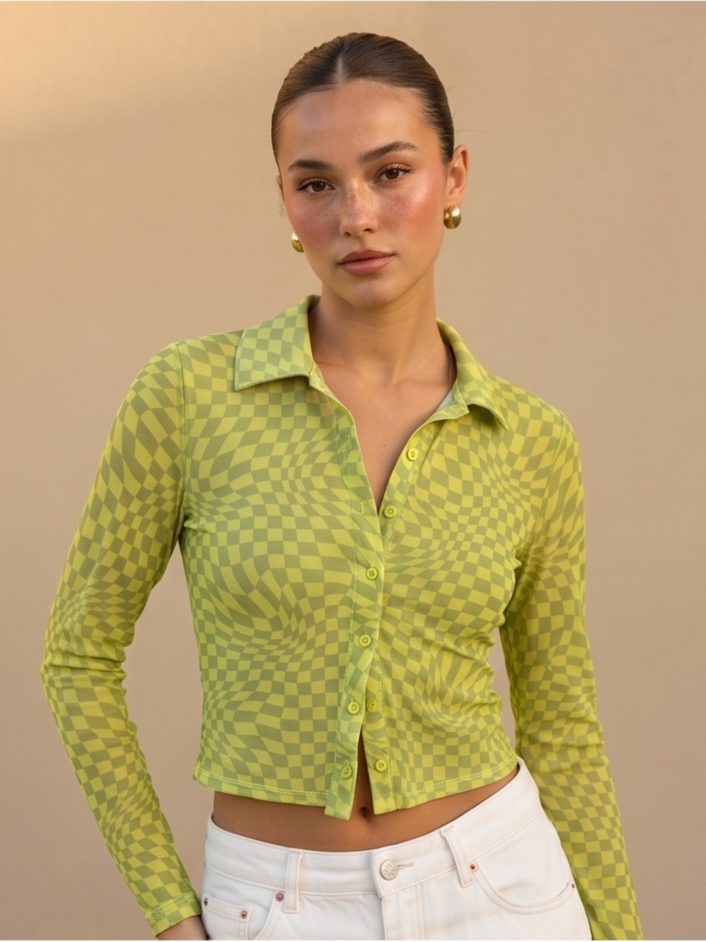 Garage Lime Checkerboard Button-Front Crop Top